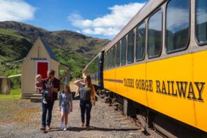Family exploring Hindon, a stop on the Taieri Gorge Train to Pukerangi, Middlemarch