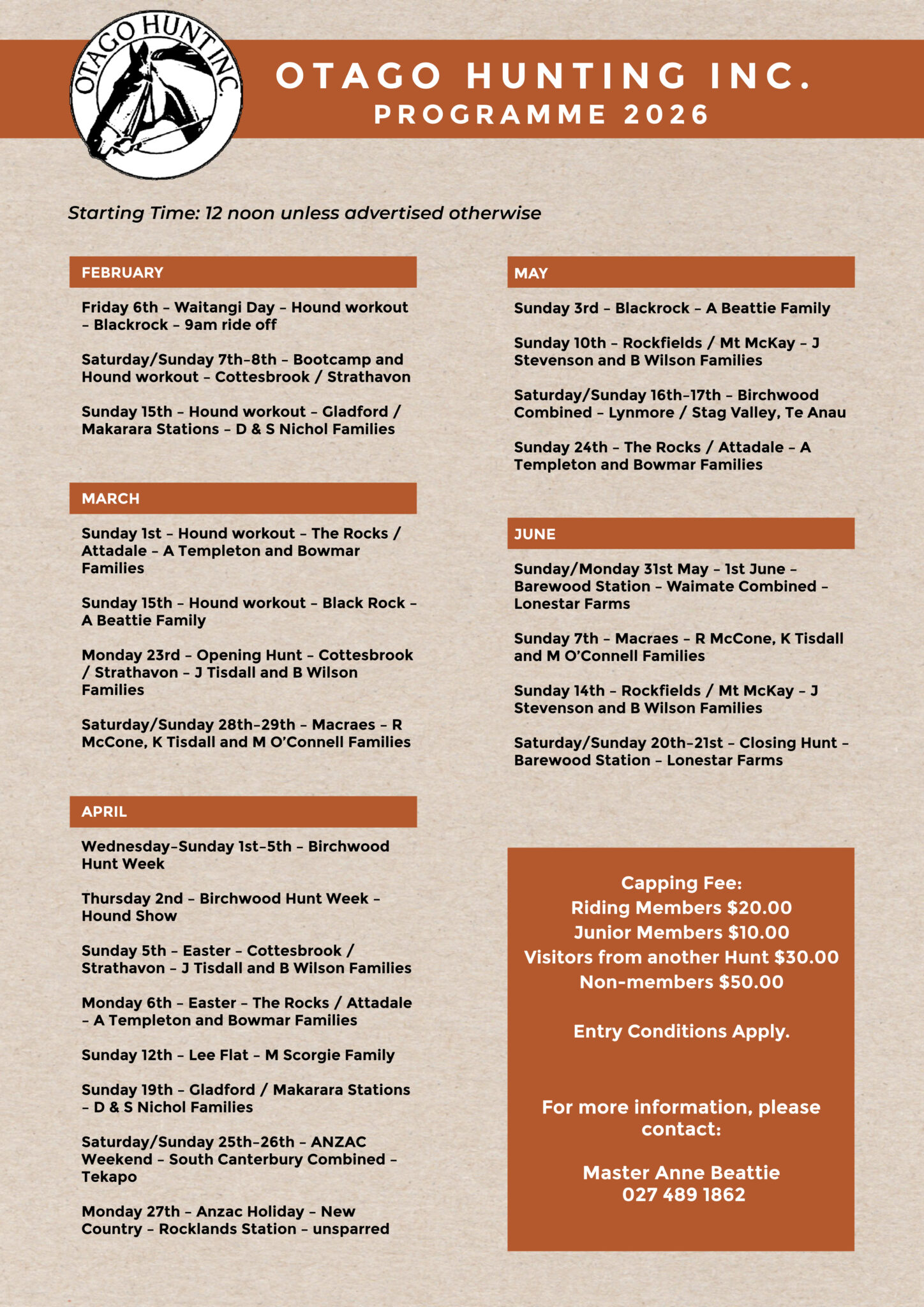 Otago Hunt Inc. 2026 Programme