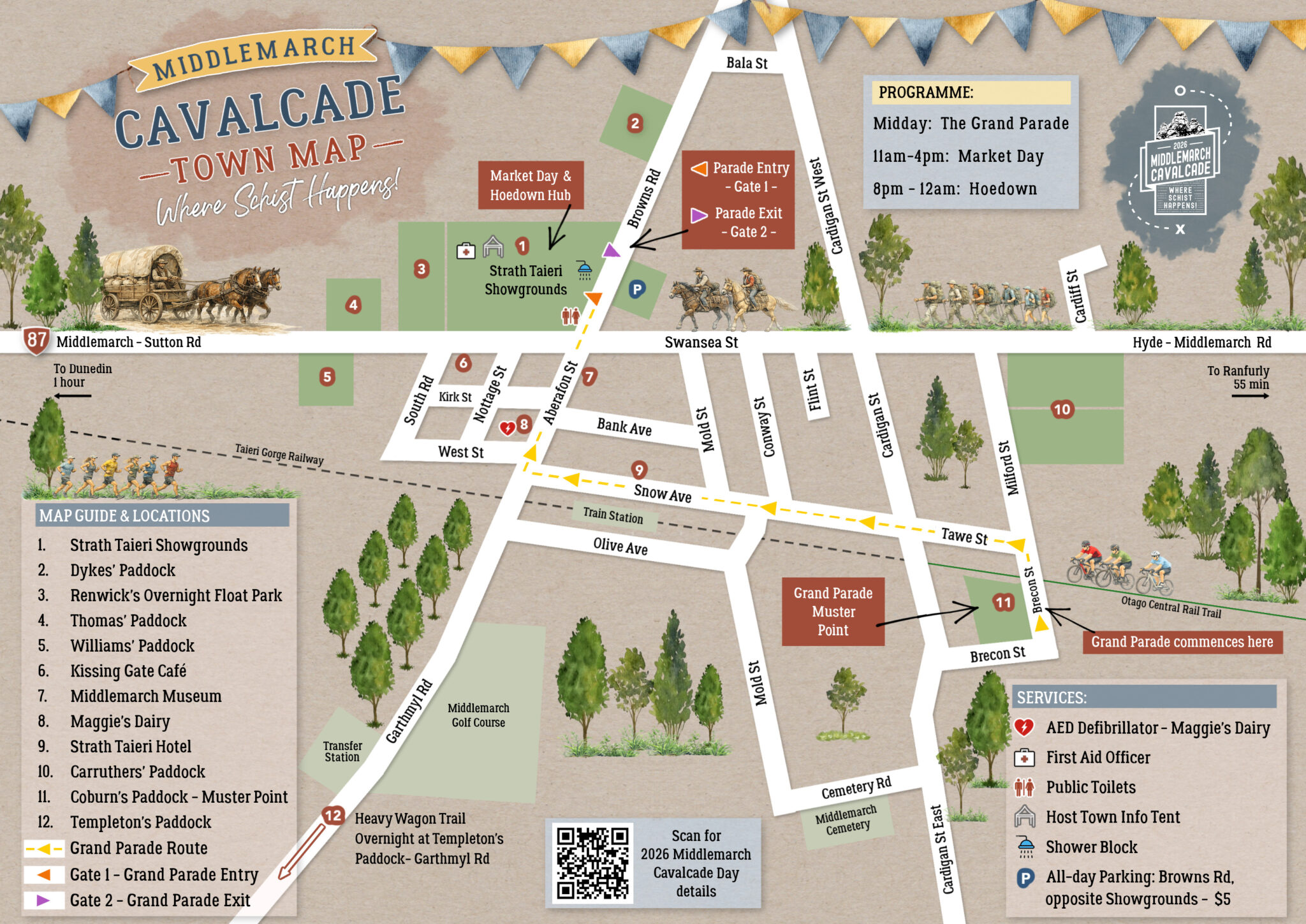 illustrated town map of Middlemarch showing key locations, facilities, and event areas for the Middlemarch Cavalcade.