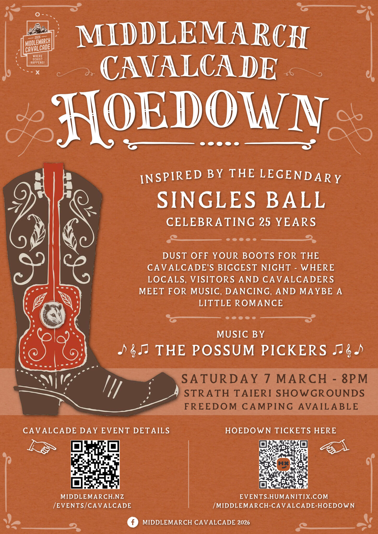 Promotional poster for the Middlemarch Cavalcade Hoedown, inspired by the legendary Singles Ball and celebrating 25 years. The poster features a western-style illustrated boot and guitar and lists event details including music by The Possum Pickers, Saturday 7 March at 8pm, Strath Taieri Showgrounds, and free camping available.