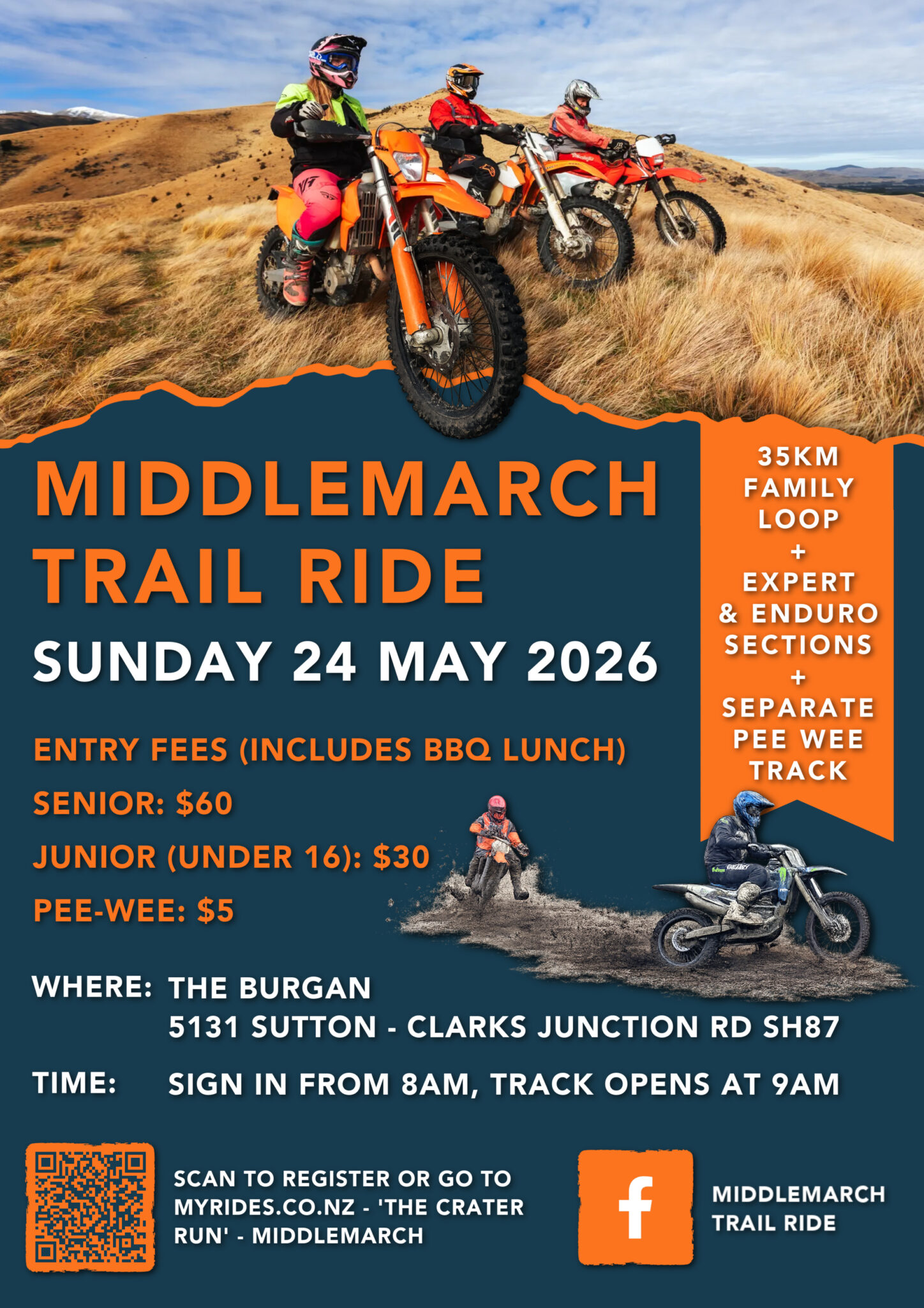 Middlemarch Trail Ride
Sunday 24 May
35kms Family Loop, Expert and Enduro Sections, Separate Pee Wee Track